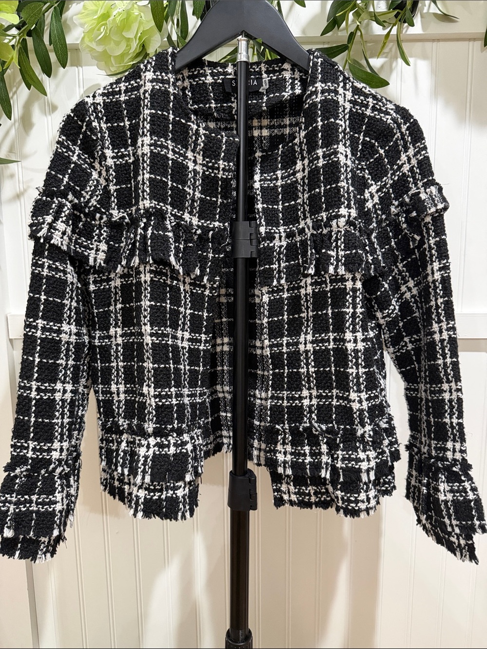 #1124 STORIA Black & White Tweed Ruffle Fringe Cropped Blazer, Raw Hem
